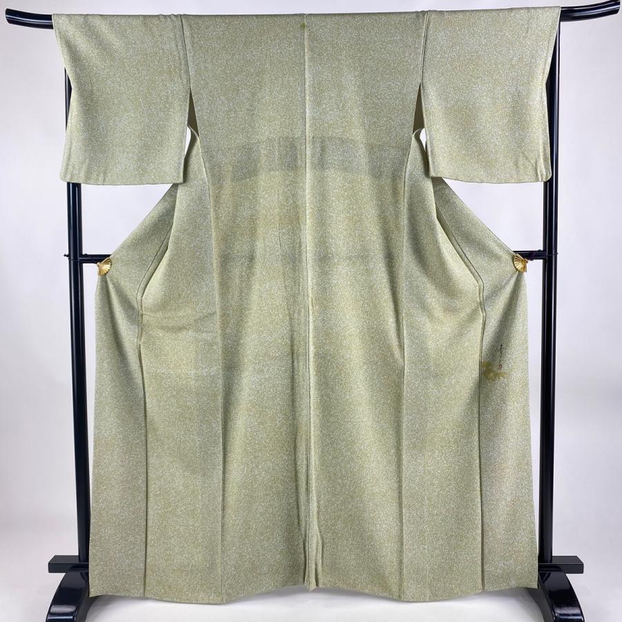 小紋 身丈165cm 裄丈67cm M 袷 松井青々 落款あり 幾何学 灰緑 正絹 美  