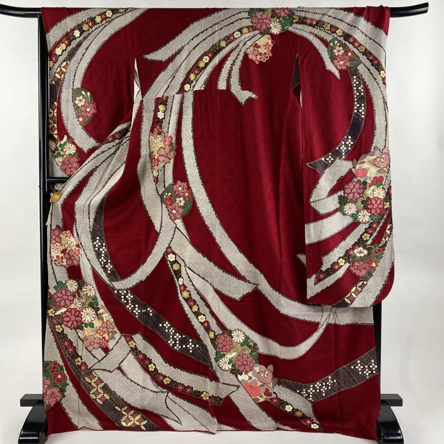 振袖 身丈167cm 裄丈68cm L 袷 うさぎ 蝶 金彩 赤 正絹 名品｜中古  