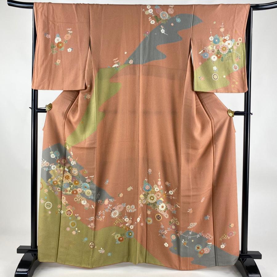 訪問着 身丈165cm 裄丈64.5cm M 袷 枝梅 菊 金糸 金彩 サーモンピンク  