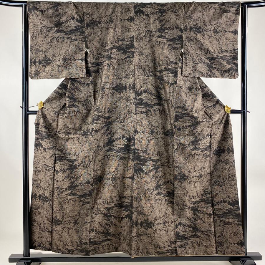 紬 身丈161cm 裄丈65cm M 袷 草花 花菱 焦茶色 正絹 逸品 【中古  
