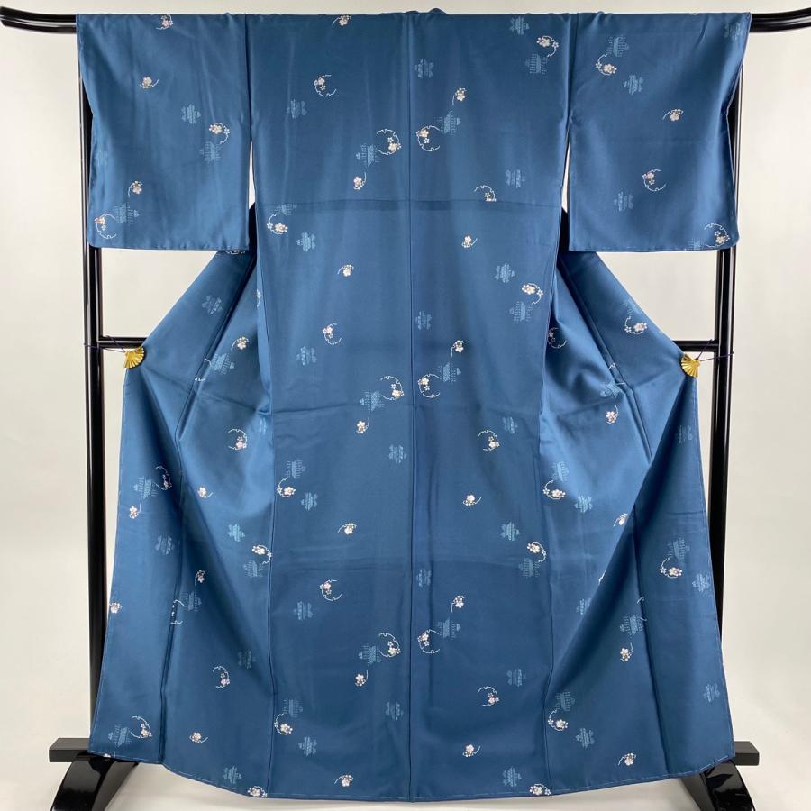小紋 身丈165.5cm 裄丈67.5cm L 袷 雪輪 桜 青緑 化繊 優品 中古  