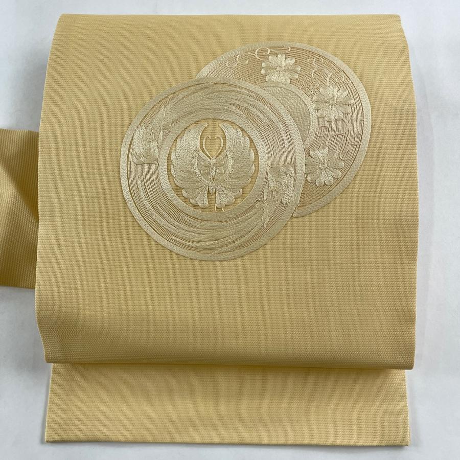 名古屋帯 優品 夏帯 丸紋 蝶 刺繍 薄黄 正絹 中古 : リユース 名古屋帯 優品 夏帯 丸紋 蝶 刺繍 薄黄 正絹 中古 : リユース