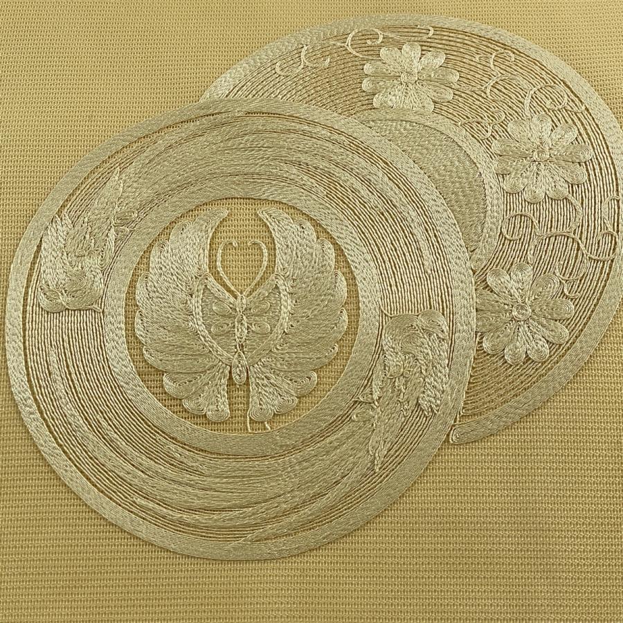 名古屋帯 優品 夏帯 丸紋 蝶 刺繍 薄黄 正絹 中古 : リユース 名古屋帯 優品 夏帯 丸紋 蝶 刺繍 薄黄 正絹 中古 : リユース