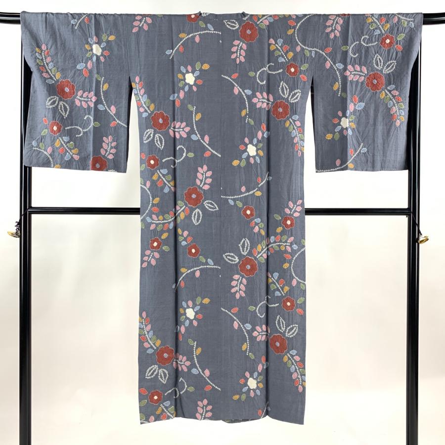 道行 身丈96cm 裄丈66cm M 和装コート 角衿 木目 ぼかし 灰緑 正絹 