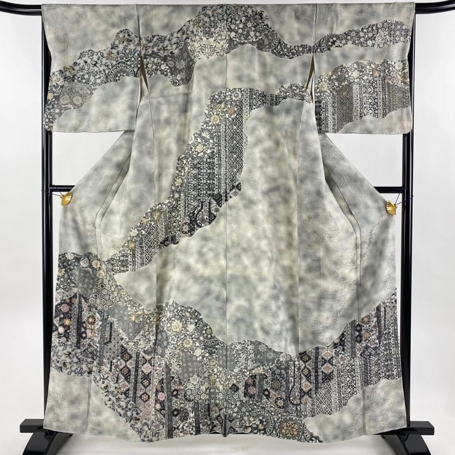 訪問着 身丈161cm 裄丈66cm M 袷 紬地 松 刺繍 灰茶 正絹 美品 名品  