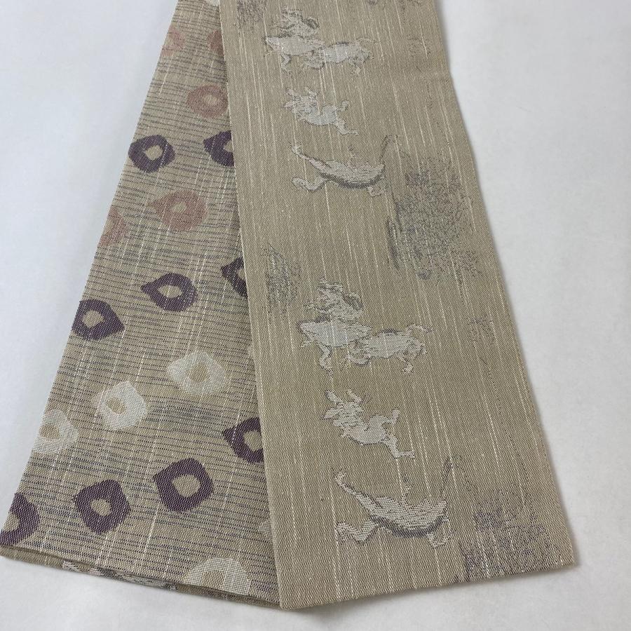 半幅帯 美品 逸品 となみ織物 鳥獣戯画 ベージュ 正絹 中古 : リユース  