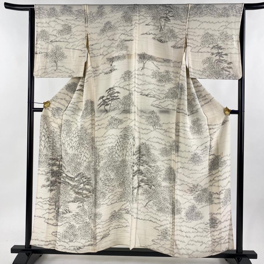 訪問着 身丈156.5cm 裄丈65cm M 単衣 落款あり 建物 樹木 クリーム  