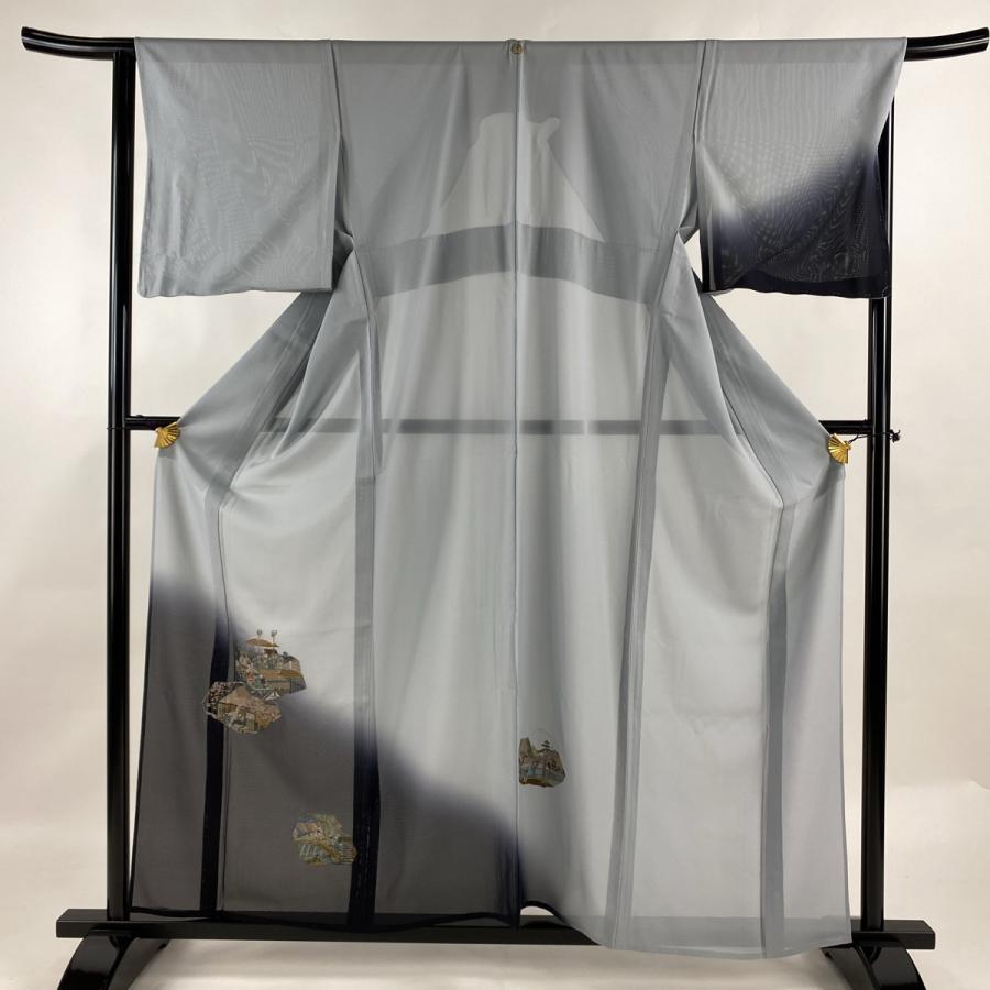 付下げ 身丈158.5cm 裄丈66cm M 薄物 絽 人物 風景 刺繍 青灰色 正絹  