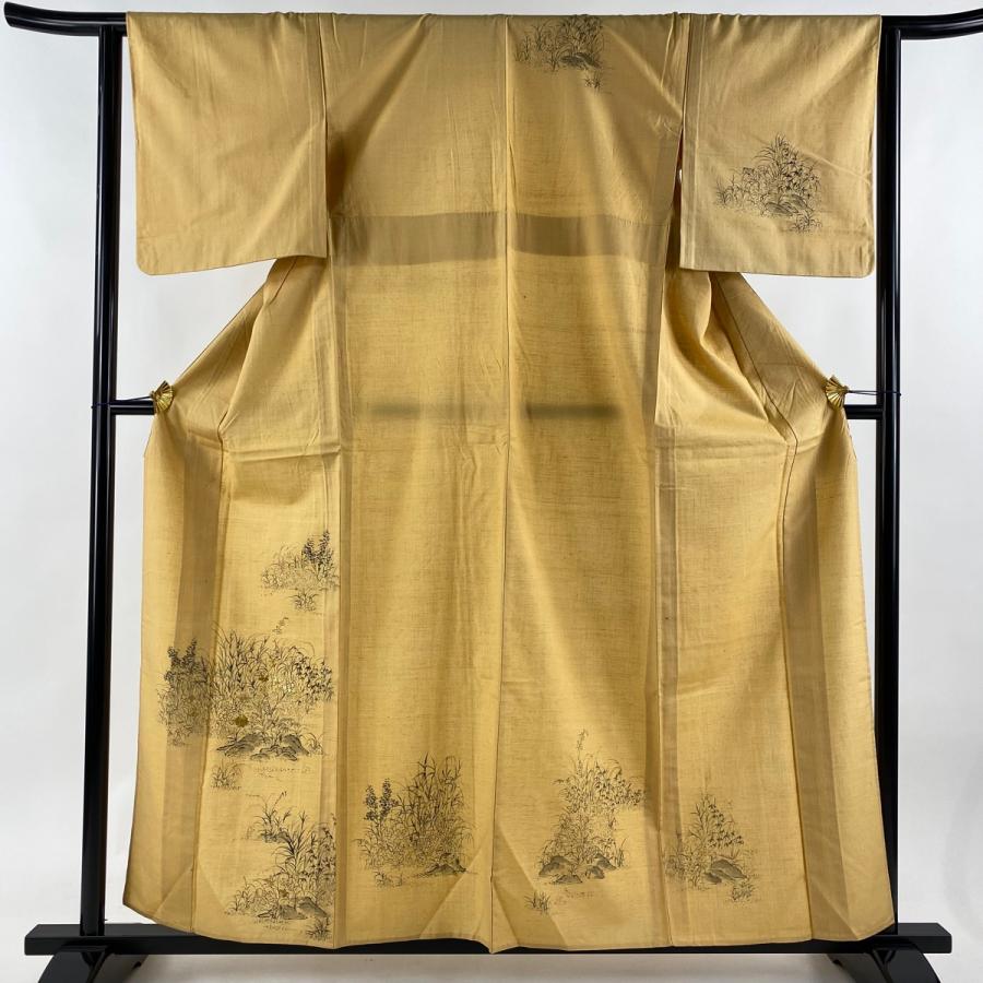 付下げ 身丈159cm 裄丈63cm S 単衣 紬地 草花 岩 刺繍 金糸 山吹色  