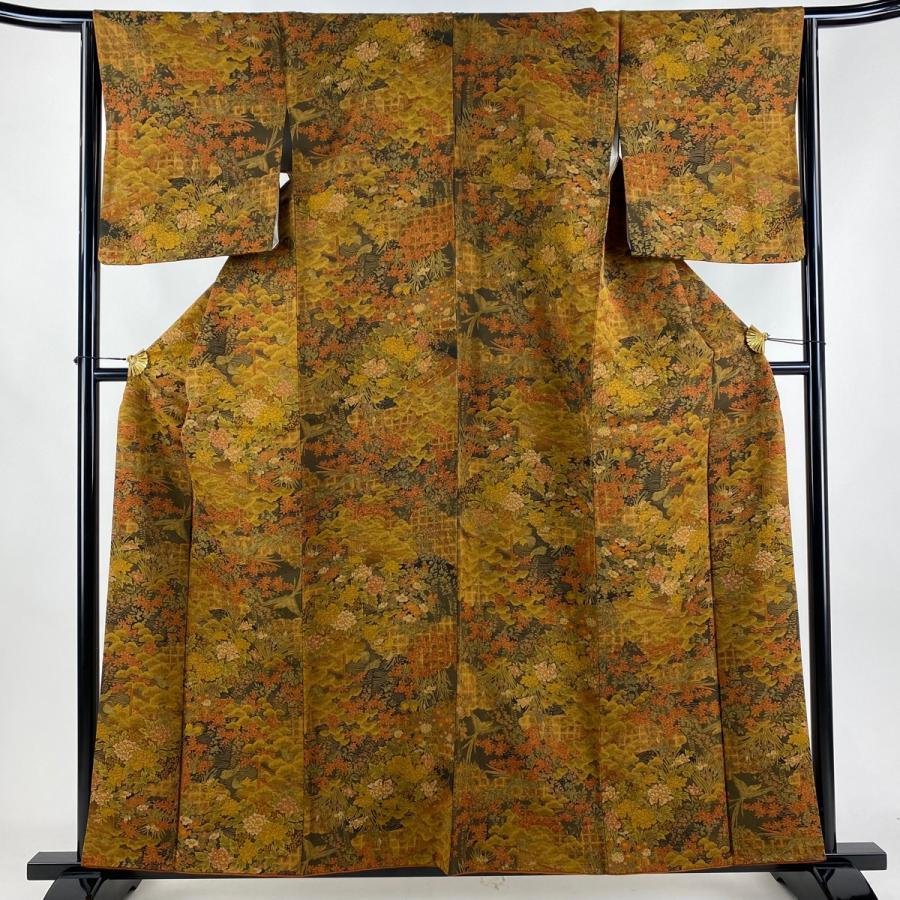 小紋 身丈157.5cm 裄丈65cm M 袷 樽本伊勢蔵 落款あり 鳥 草花 黄土色  