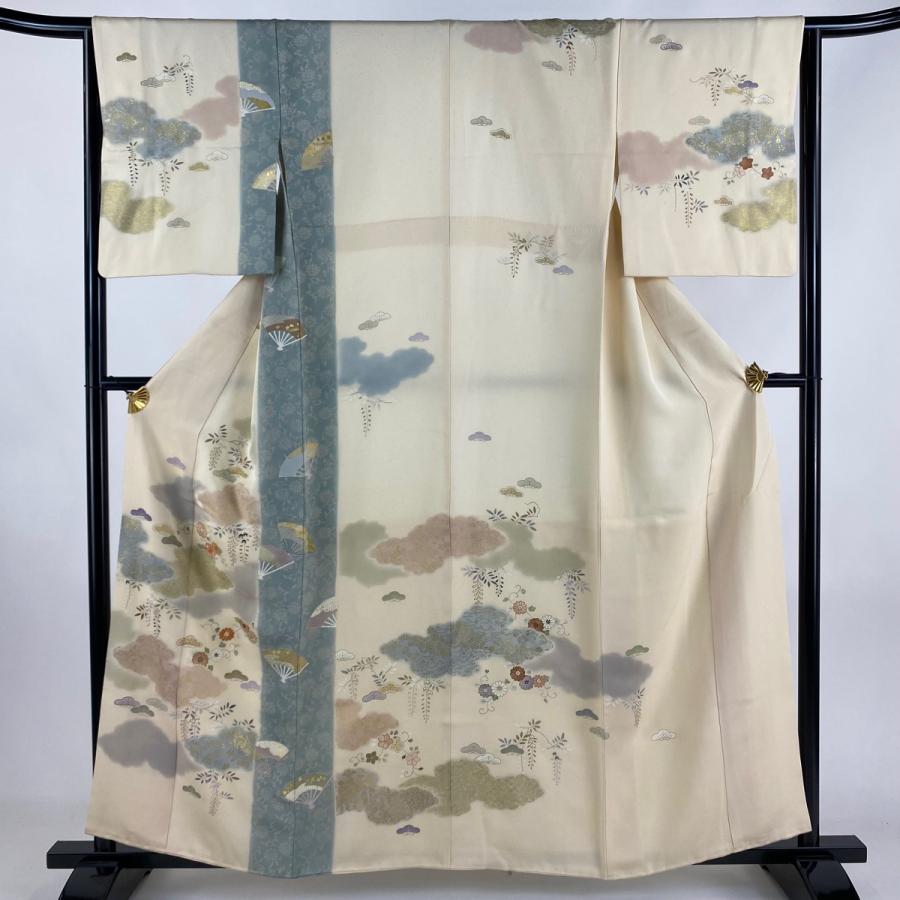 訪問着 身丈157.5cm 裄丈65cm M 袷 笠松 雲文 金糸 金彩 ベージュ 正絹  