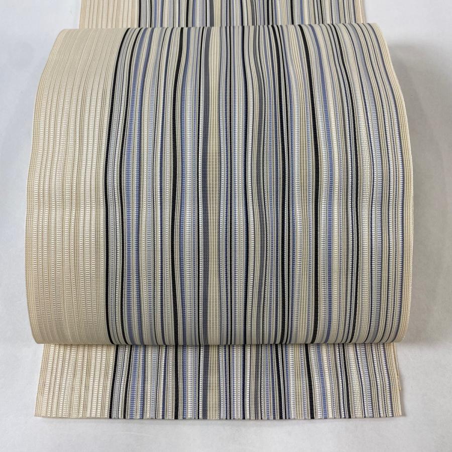 開き名古屋帯 名品 夏帯 八寸名古屋帯 トンネル仕立て 縞模様 クリーム  