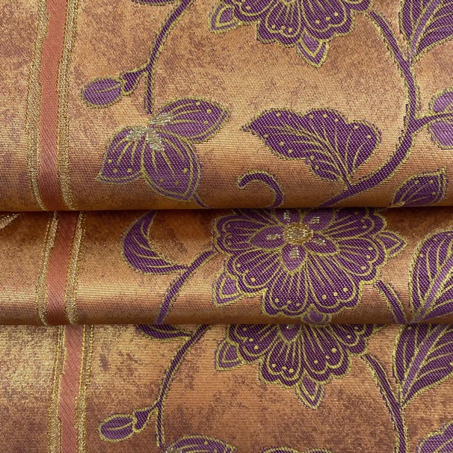袋帯 美品 名品 落款あり 帝王紫 草花 格子 金銀糸 箔 サーモン