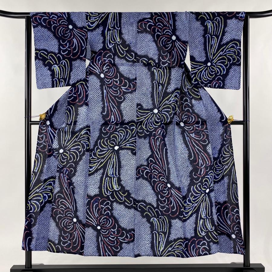 浴衣 身丈155cm 裄丈62cm S 絞り浴衣 乱菊 紺色 綿 美品 名品 中古  