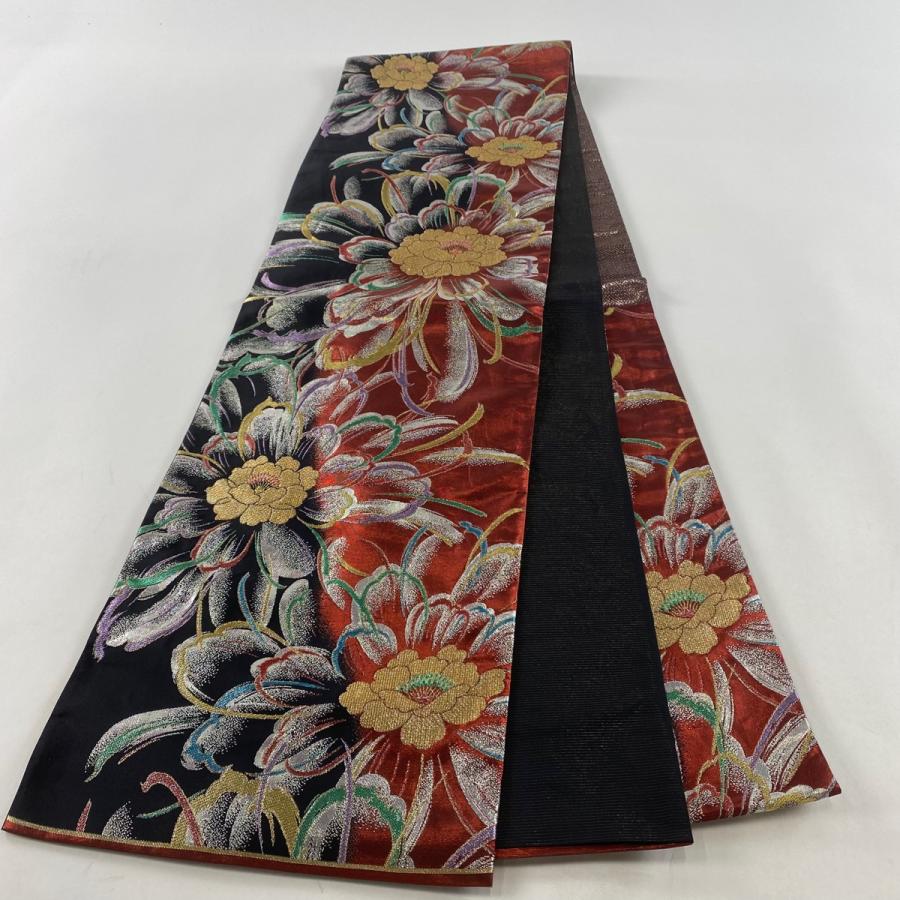 袋帯 美品 秀品 振袖向き 花 金銀糸 箔 赤 六通 正絹 中古 袋帯 美品 秀品 振袖向き 花 金銀糸 箔 赤 六通 正絹 中古