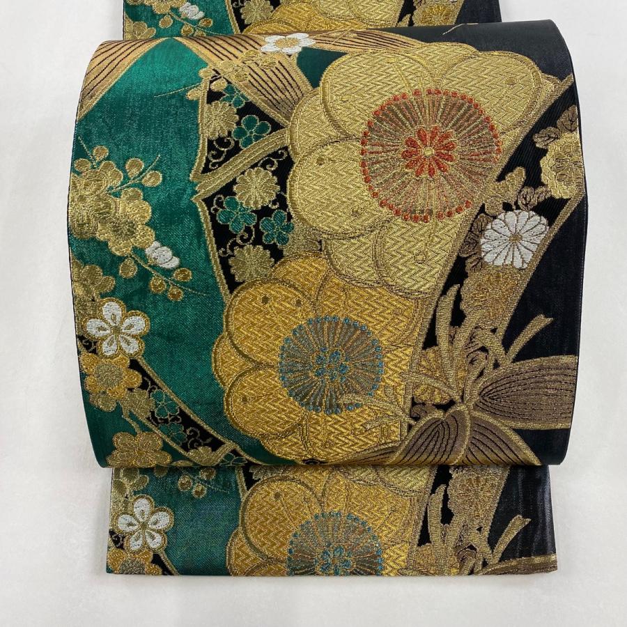 袋帯 美品 名品 梅 葉と実 箔 灰紫 全通 正絹 中古