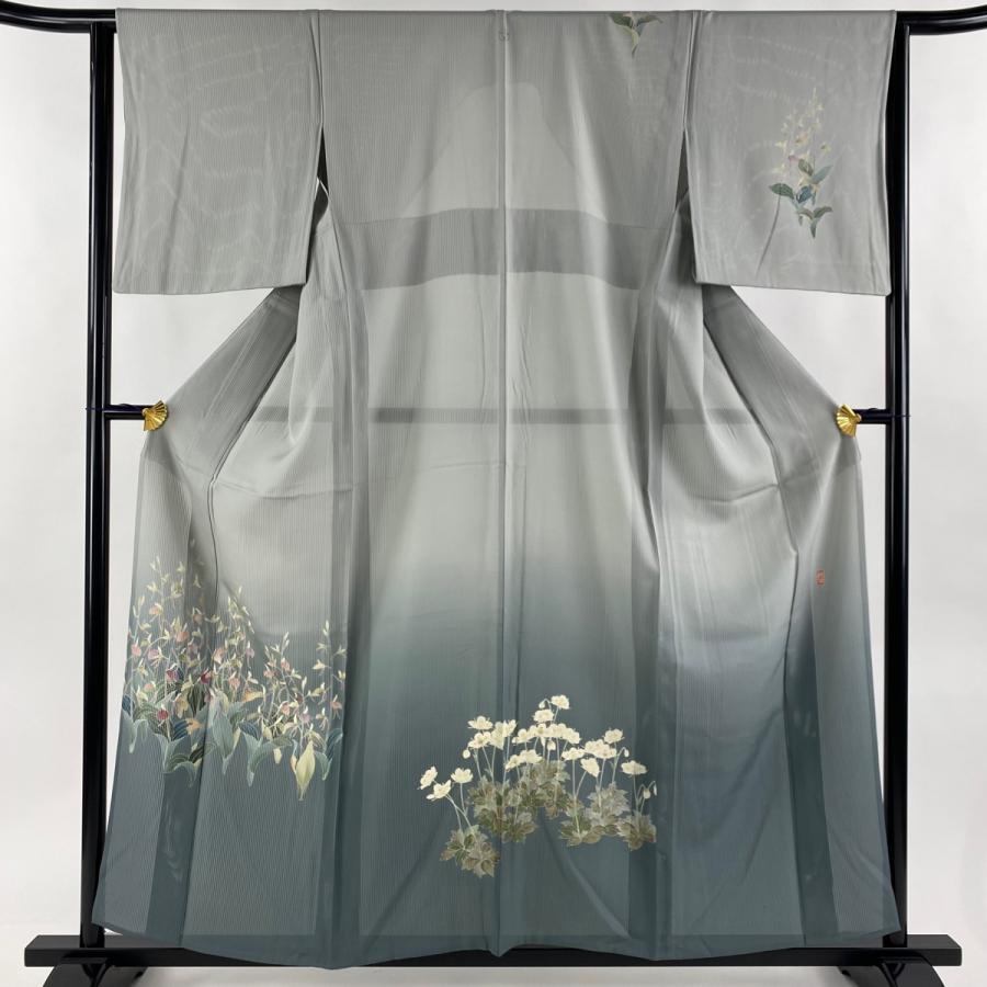 付下げ 身丈156cm 裄丈63.5cm S 薄物 田村哲彦 縦絽 草花 ぼかし 灰緑  