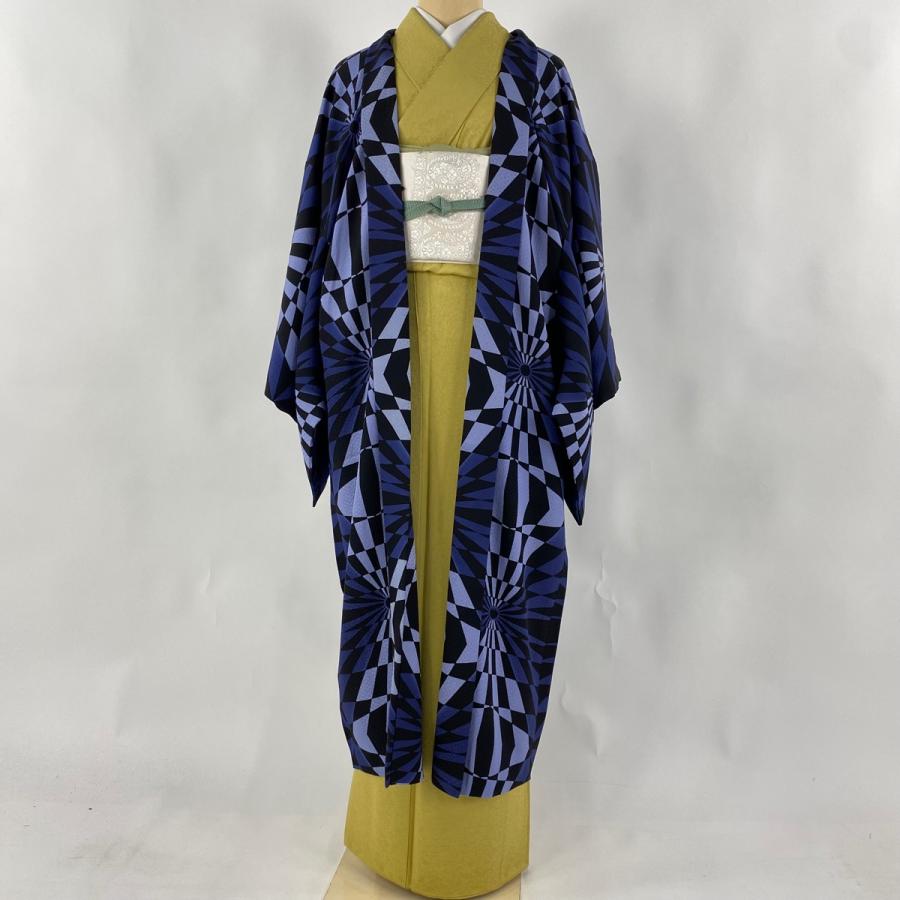 羽織 身丈118cm 裄丈69cm L 地紋 幾何学模様 青黒 正絹 美品 逸品 中古  