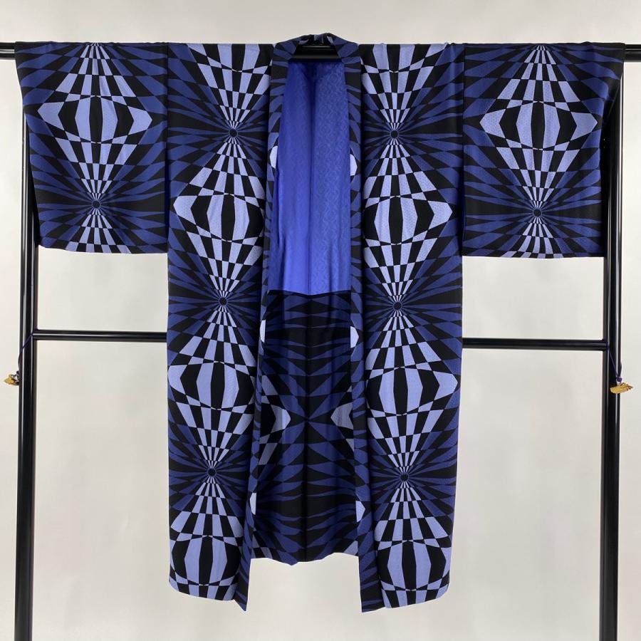 羽織 身丈118cm 裄丈69cm L 地紋 幾何学模様 青黒 正絹 美品 逸品 中古 