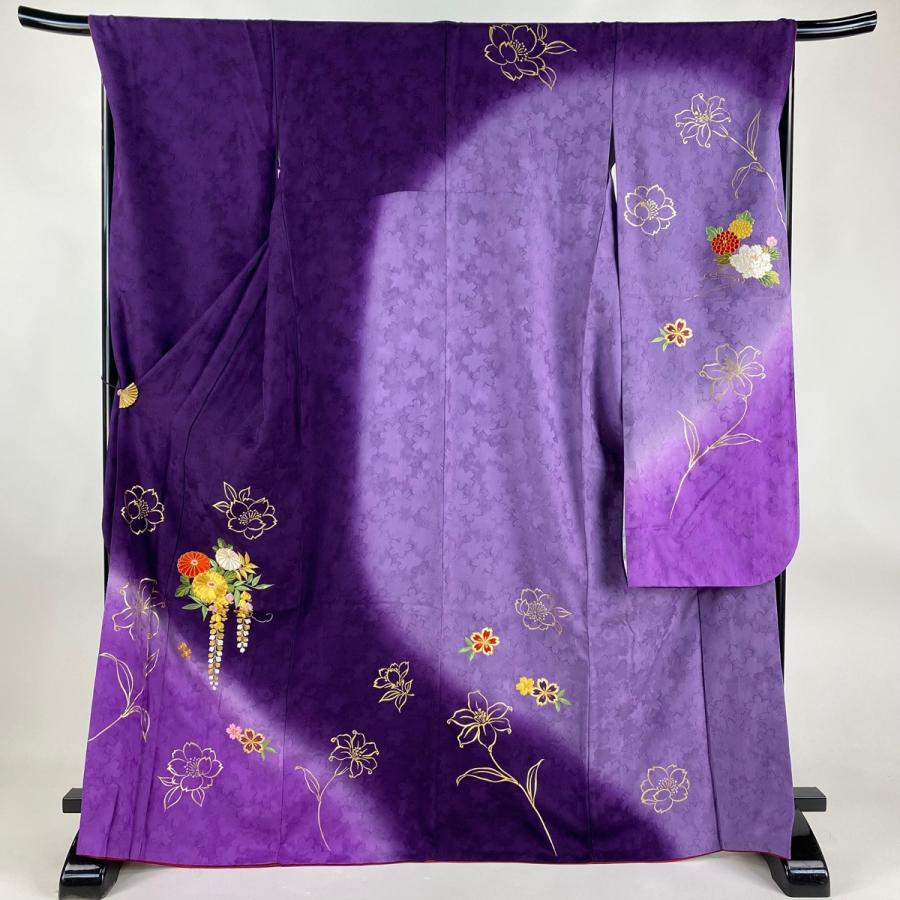 振袖 身丈168.5cm 裄丈69cm L 袷 菊 藤 刺繍 金彩 紫 正絹 名品 振袖 身丈168.5cm 裄丈69cm L 袷 菊 藤 刺繍 金彩 紫 正絹 名品