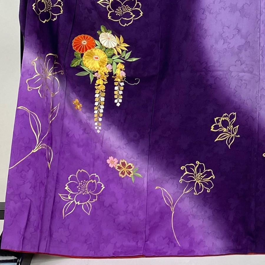 振袖 身丈168.5cm 裄丈69cm L 袷 菊 藤 刺繍 金彩 紫 正絹 名品 振袖 身丈168.5cm 裄丈69cm L 袷 菊 藤 刺繍 金彩 紫 正絹 名品