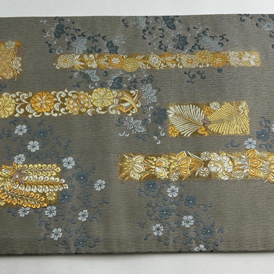 袋帯 美品 名品 松風短冊文 花唐草 金銀糸 箔 灰色 六通 正絹 中古