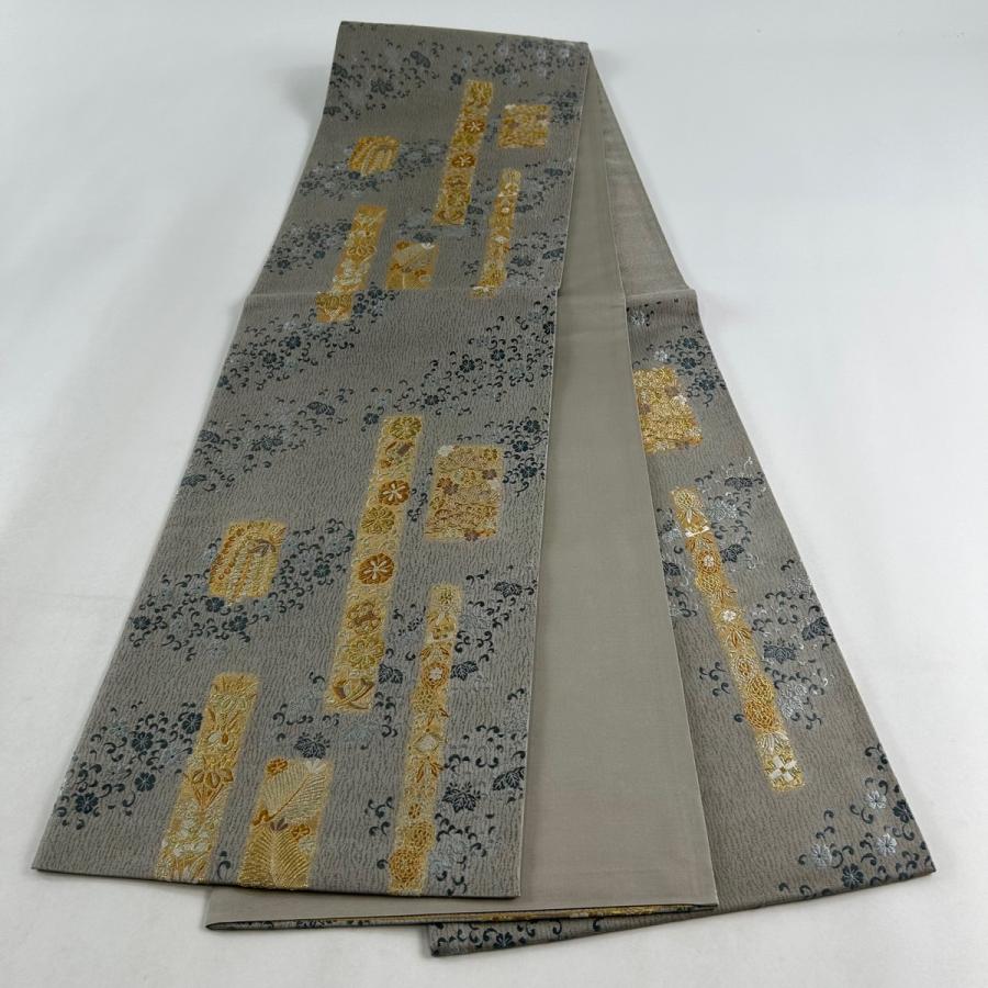 未使用 六通 袋帯 名品 「夢想」 金銀糸 唐織 フォーマル 袋帯 美品 名品 松風短冊文 花唐草 金銀糸 箔 灰色 六通 正絹 中古