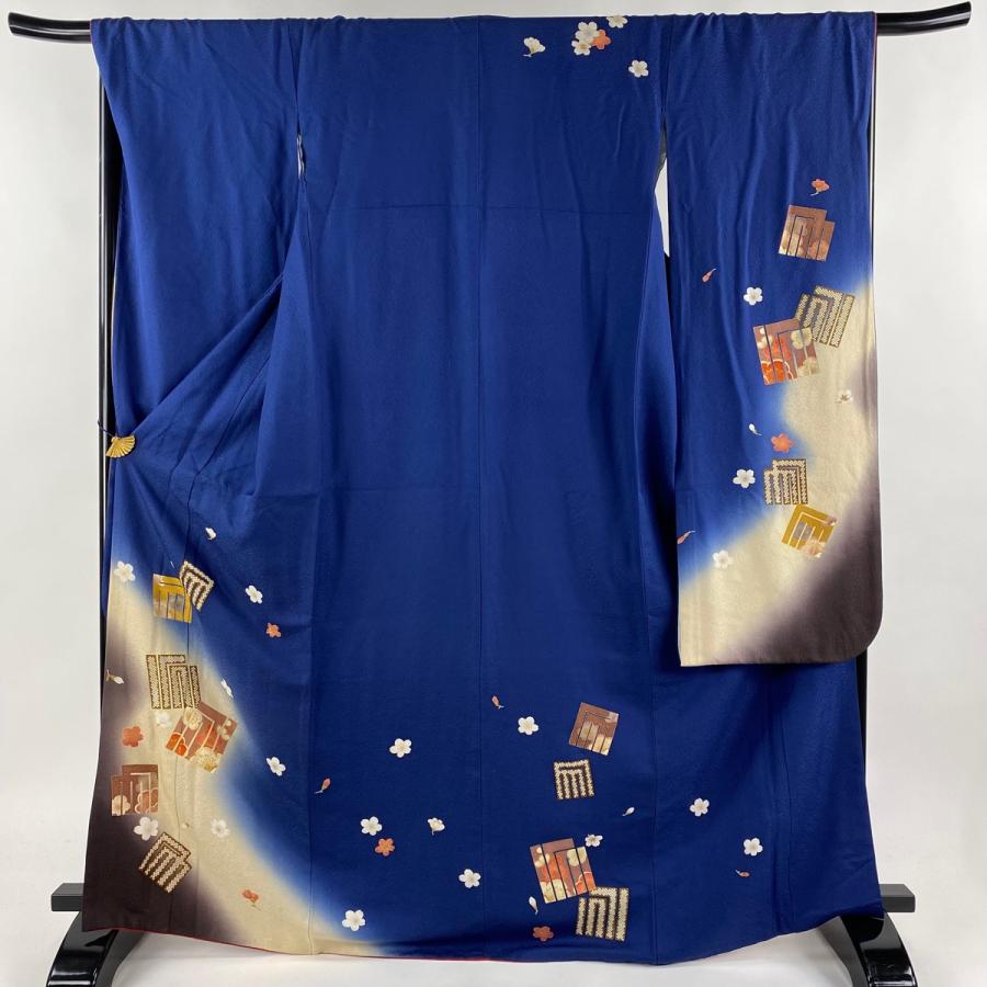 振袖 身丈160cm 裄丈68cm L 袷 草花 流水 金糸 金彩 紫 正絹 名品 中古  