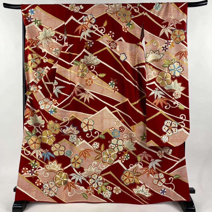 振袖 身丈168cm 裄丈67.5cm L 袷 松竹梅 金糸 金彩 赤 正絹 名品 中古  