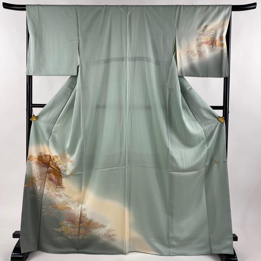 付下げ 身丈170cm 裄丈67cm M 袷 和田光正 落款あり 建物 松 金銀彩  