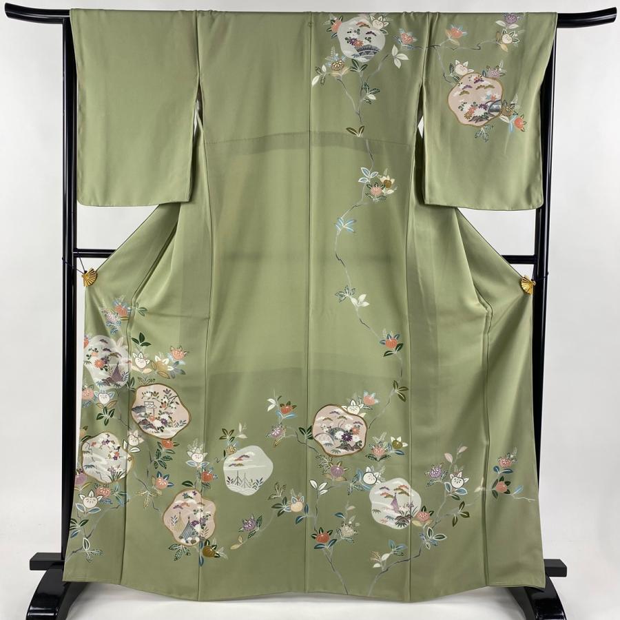 訪問着 身丈165.5cm 裄丈66cm M 袷 松竹梅 橘 金彩 薄緑 正絹 名品 一  