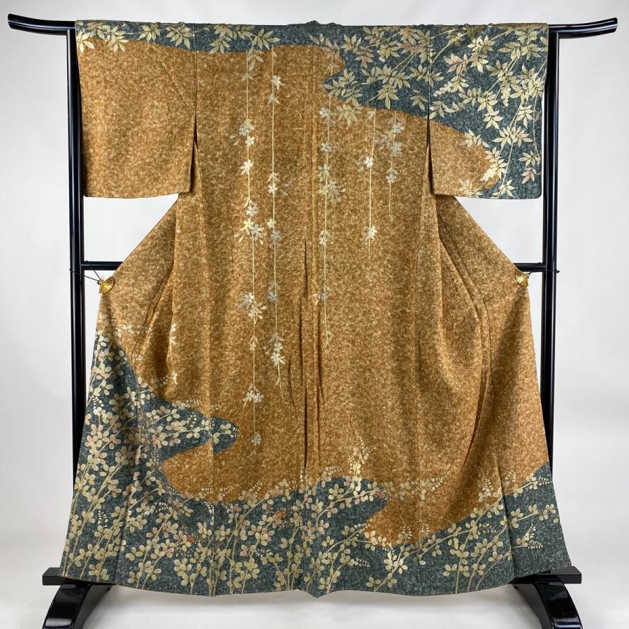 訪問着 身丈161cm 裄丈64cm M 袷 萩 枝垂れ桜 金銀彩 染め分け 山吹  