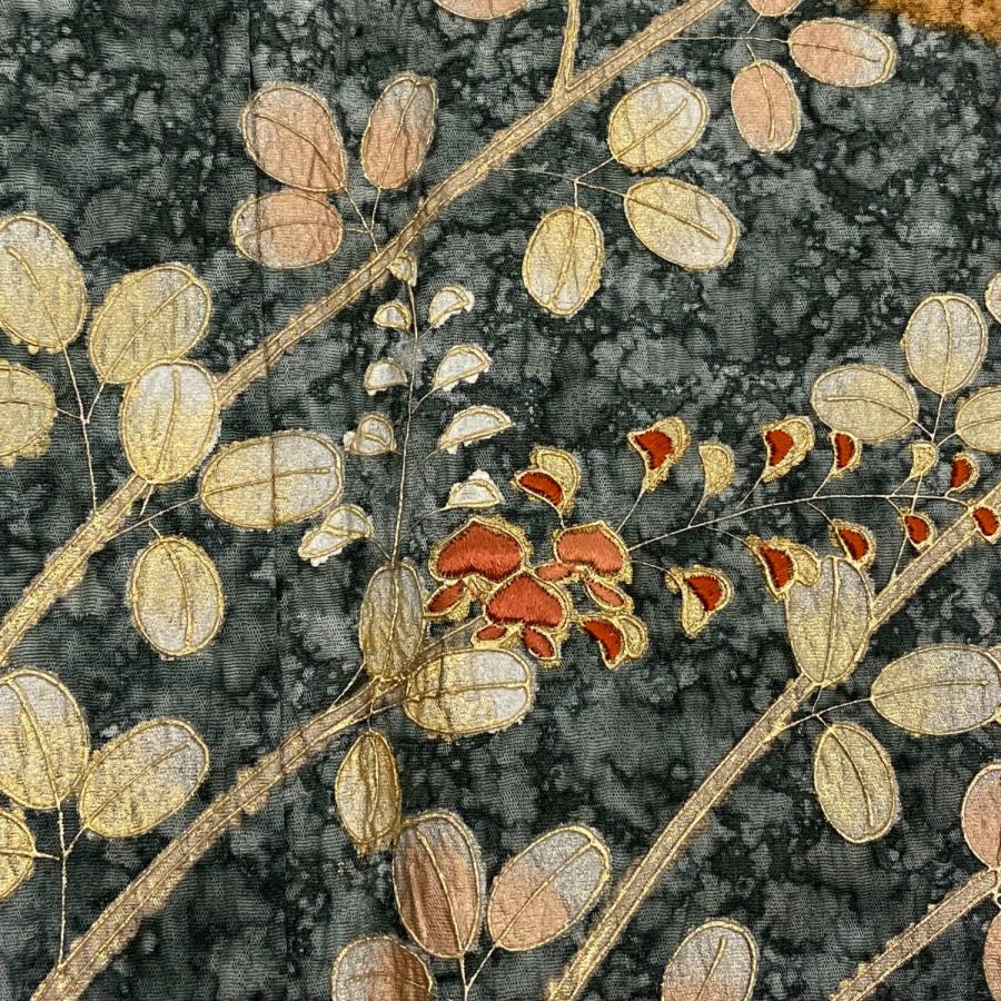 訪問着 身丈161cm 裄丈64cm M 袷 萩 枝垂れ桜 金銀彩 染め分け 山吹  