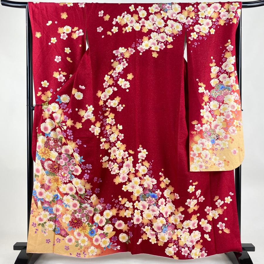振袖 身丈161cm 裄丈67cm M 袷 草花 熨斗 箔 銀通し 赤 正絹 名品 中古  