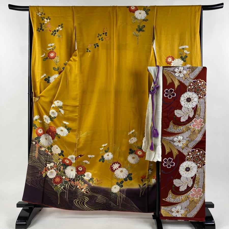 振袖 身丈162.5cm 裄丈65.5cm M 袷 袋帯フルセット 菊 波 金彩 山吹  