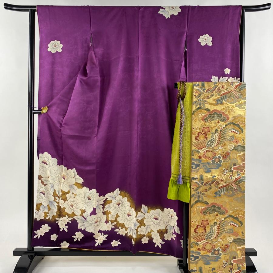 振袖 身丈158.5cm 裄丈64.5cm M 袷 袋帯フルセット 牡丹 桜 金糸 振袖 身丈158.5cm 裄丈64.5cm M 袷 袋帯フルセット 牡丹 桜 金糸