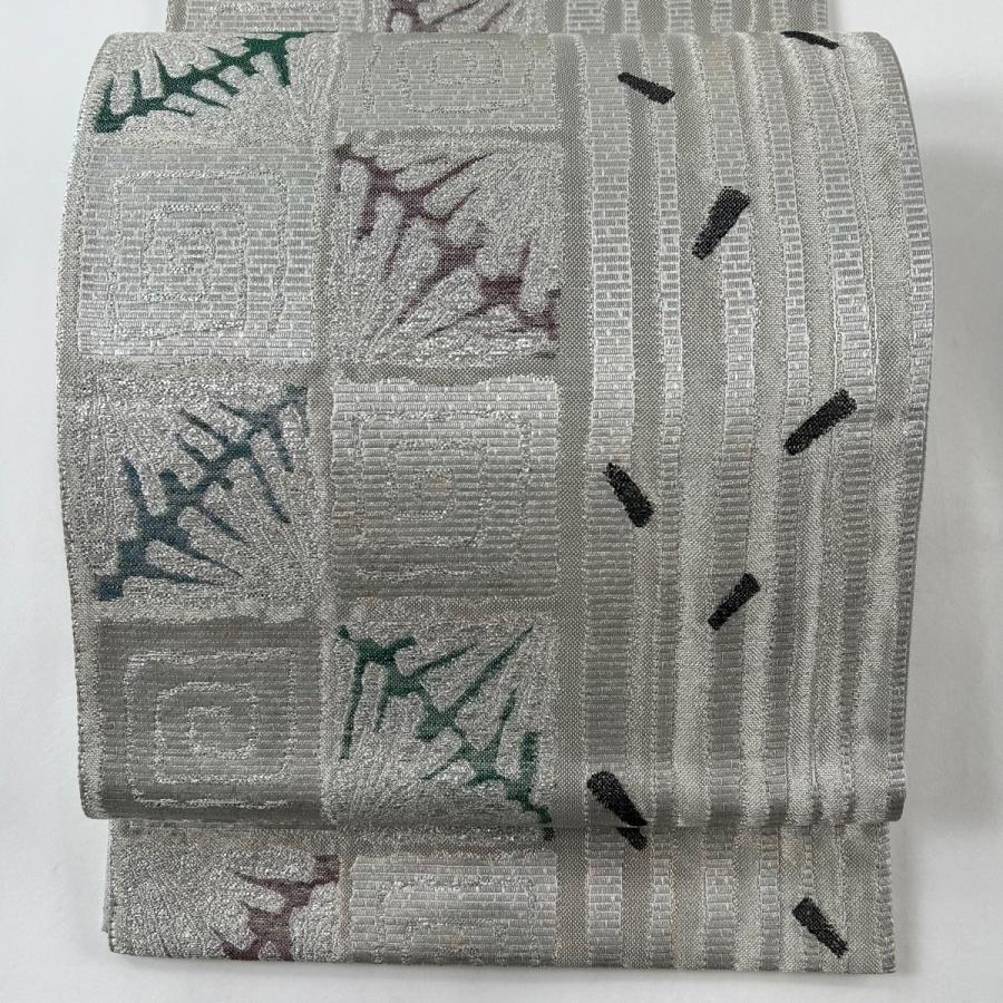 袋帯 名品 羅紗庵 縞 渦巻き 銀通し 箔 銀色 六通 正絹 中古