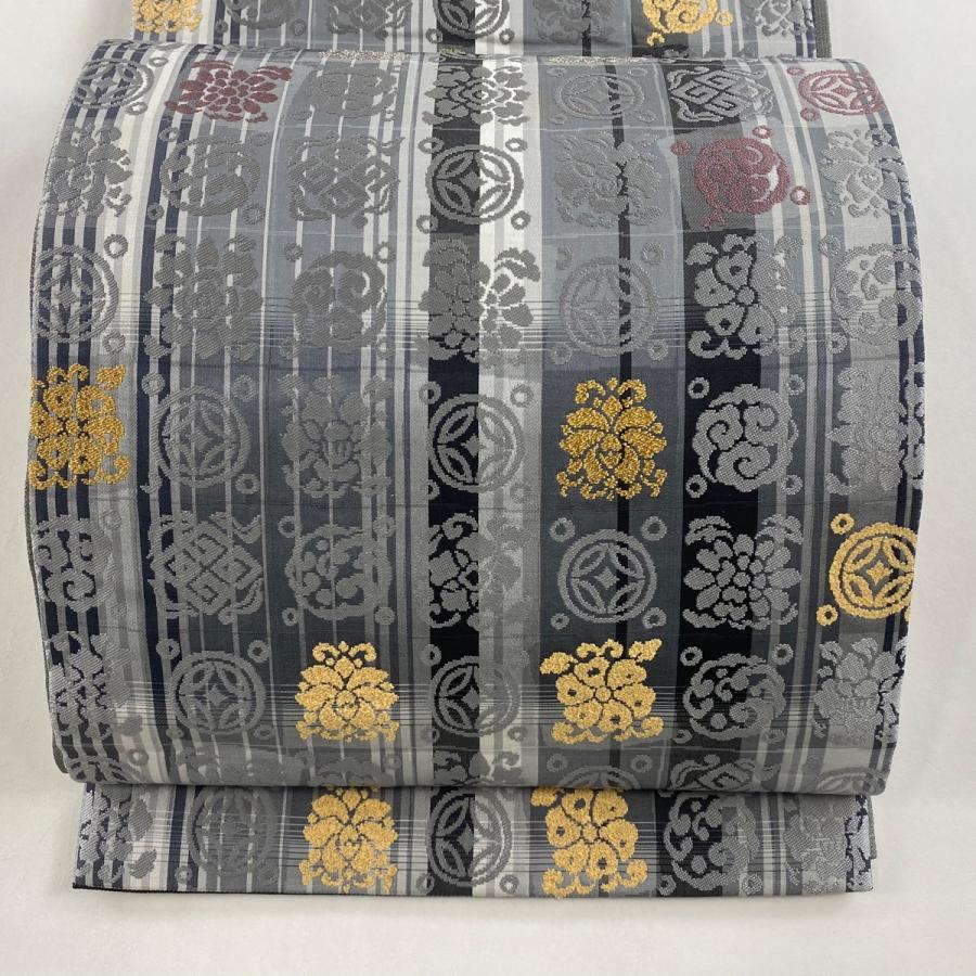 袋帯 名品 縞 花 箔 灰色 六通 正絹 中古 : リユースセレクトショップ  
