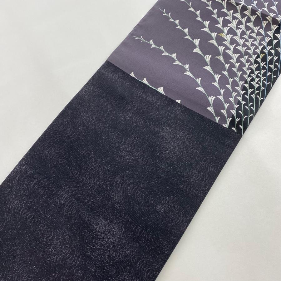 袋帯 美品 名品 葉柄 銀糸 箔 濃紺 六通 正絹 中古 : リユース 袋帯 美品 名品 葉柄 銀糸 箔 濃紺 六通 正絹 中古 : リユース