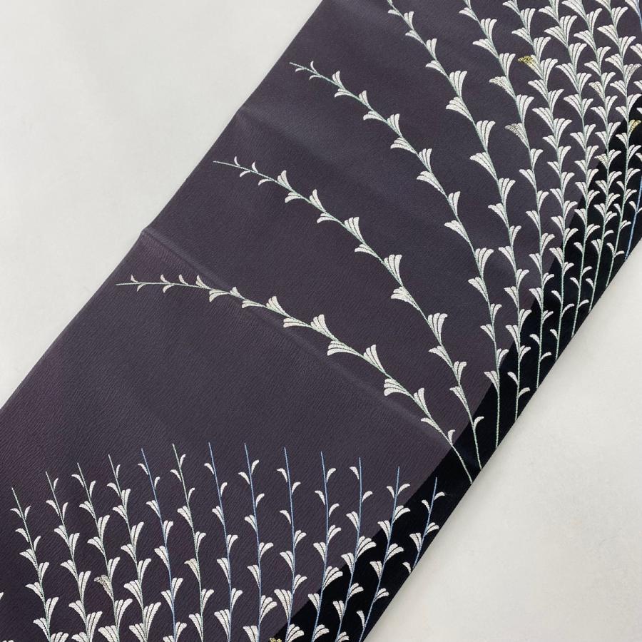 袋帯 美品 名品 葉柄 銀糸 箔 濃紺 六通 正絹 中古 : リユース 袋帯 美品 名品 葉柄 銀糸 箔 濃紺 六通 正絹 中古 : リユース