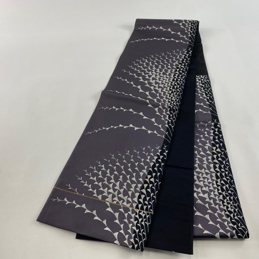 袋帯 美品 名品 葉柄 銀糸 箔 濃紺 六通 正絹 中古 : リユース 袋帯 美品 名品 葉柄 銀糸 箔 濃紺 六通 正絹 中古 : リユース