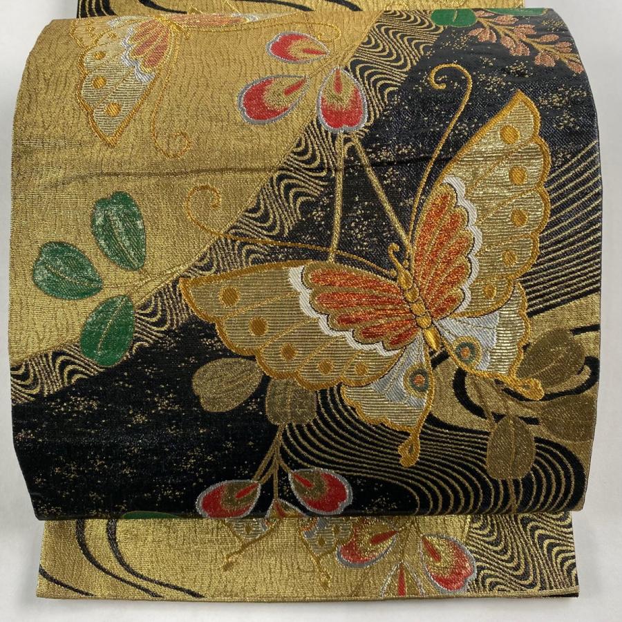 袋帯 美品 秀品 蝶 流水 金銀糸 箔 焦茶色 六通 正絹 中古 在庫一掃