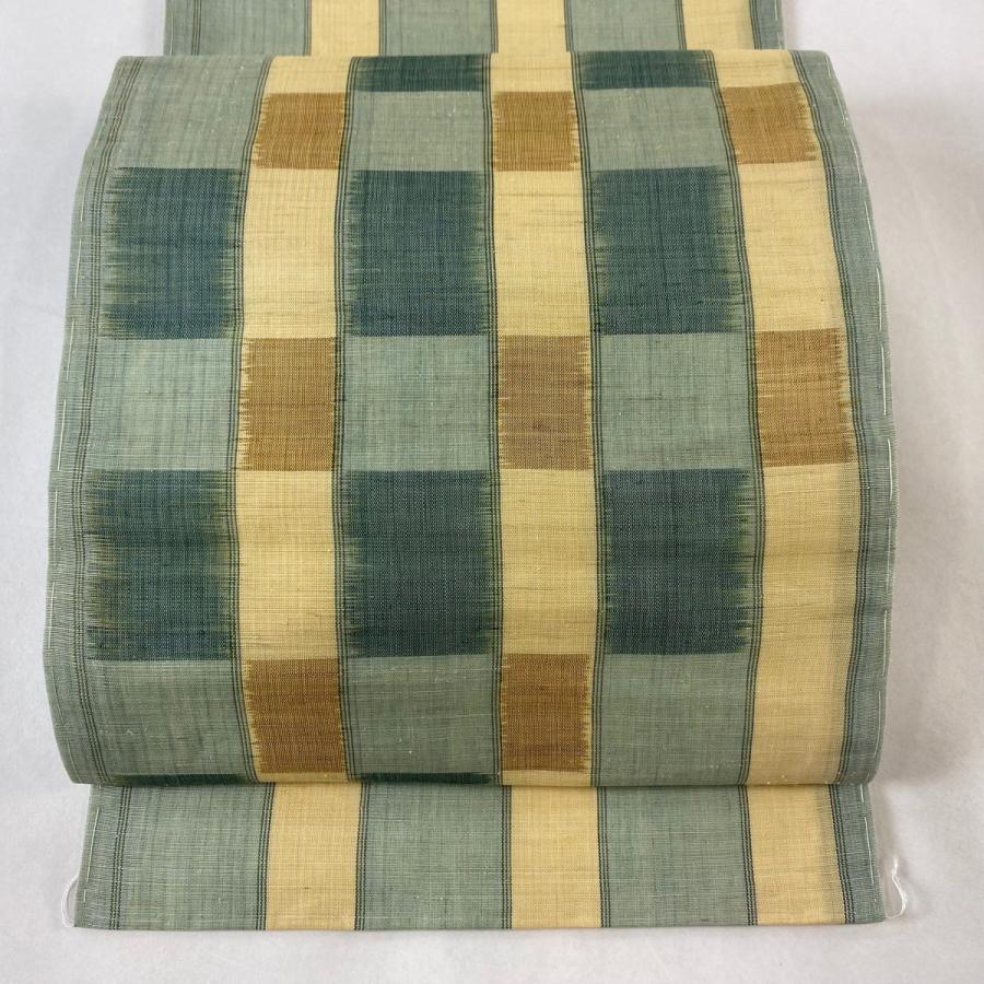 開き名古屋帯 逸品 落款あり 証紙あり 新垣幸子 八重山上布 市松 縞 薄  