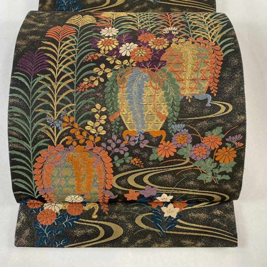 袋帯 美品 名品 草花 鳥 金糸 唐織 黒 六通 正絹 【中古】（楽天