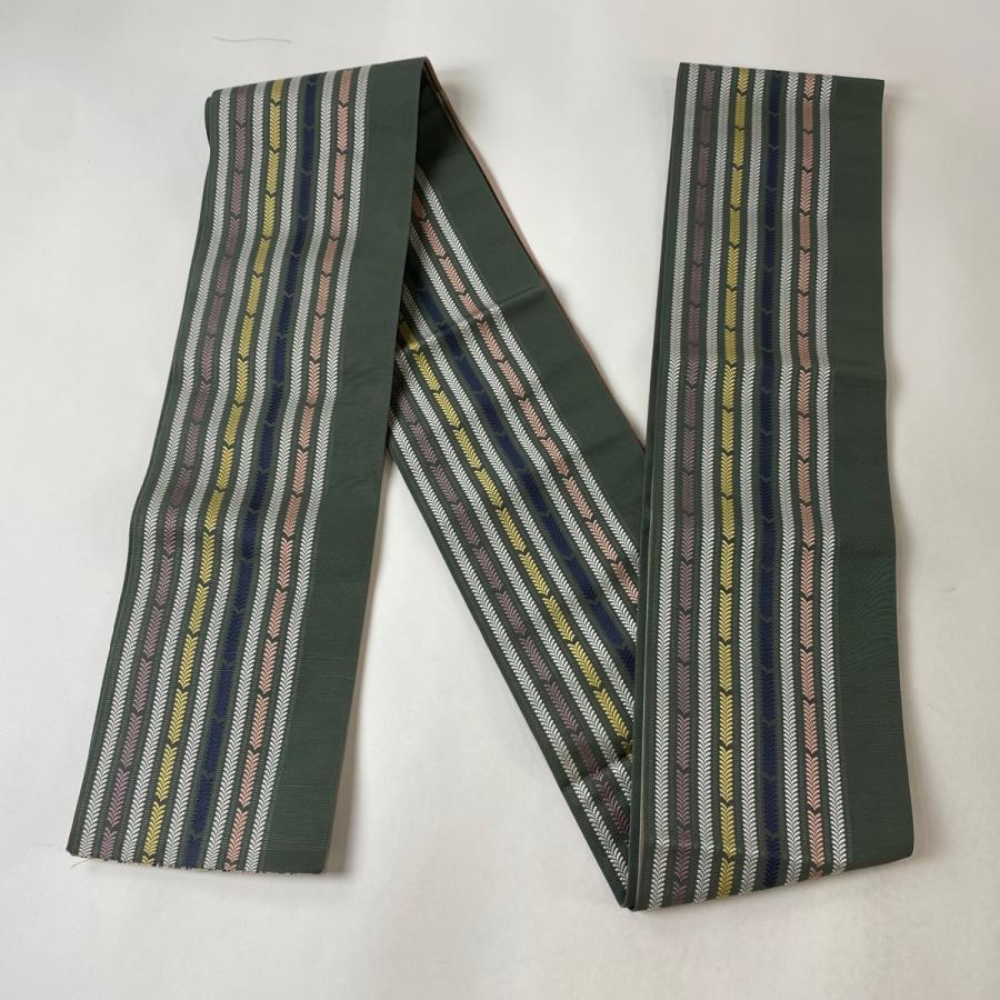 半幅帯 美品 優品 証紙あり 本場筑前博多織 葉柄 縞 灰緑 正絹 半幅帯 美品 優品 証紙あり 本場筑前博多織 葉柄 縞 灰緑 正絹