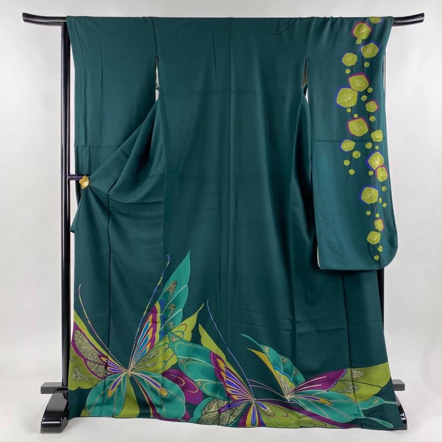振袖 身丈173cm 裄丈67cm M 袷 蝶 枝梅 金彩 深緑 正絹 名品 中古  
