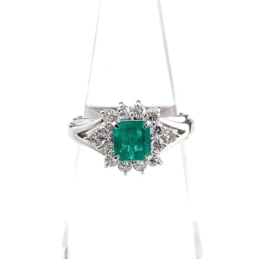 エメラルド デザインリング プラチナ 指輪 メレダイヤ リング 8号  