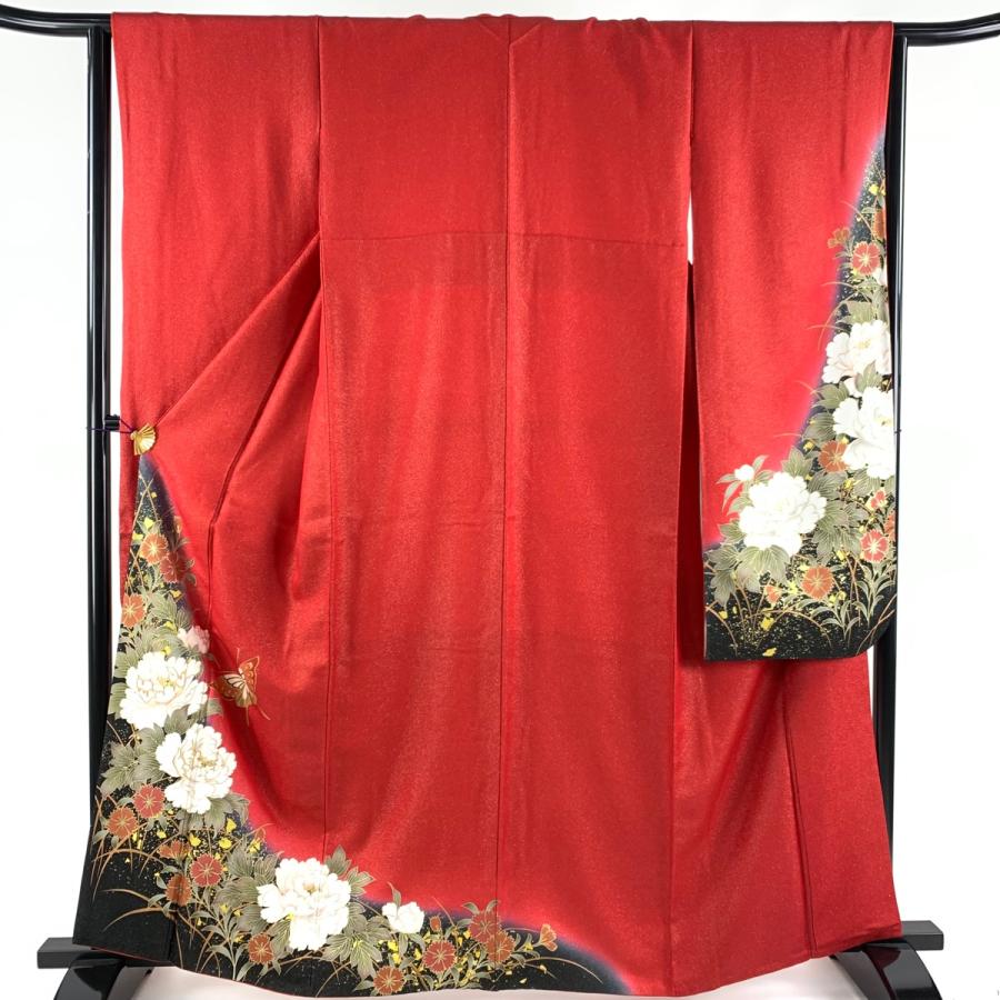 振袖 身丈163cm 裄丈63.5cm S 袷 草花 蝶 金通し 金彩 朱色 正絹