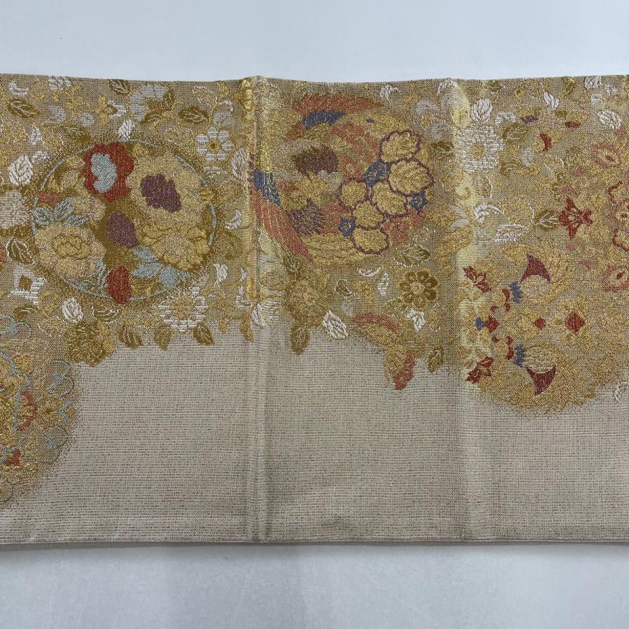 袋帯 美品 名品 重文つづれ織 華文 向かい鳥 金糸 本金箔二重 ベージュ 