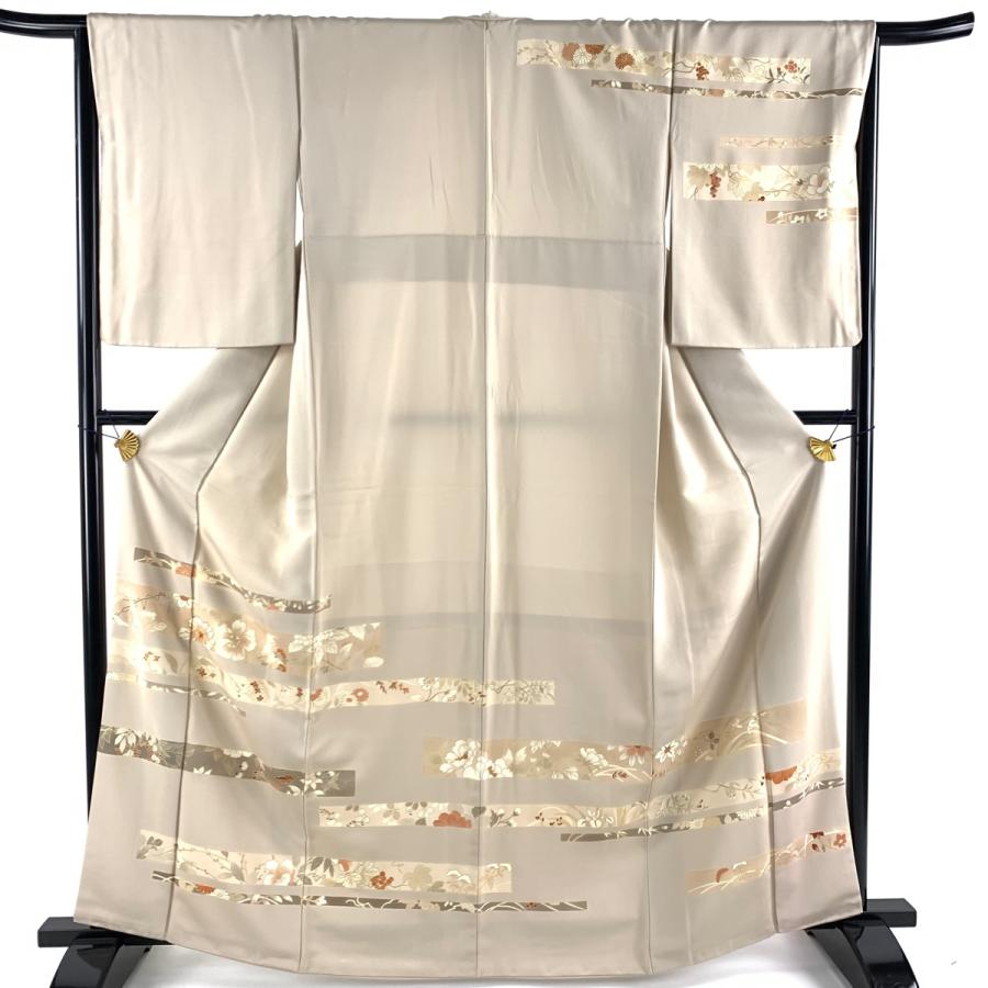 訪問着 身丈162.5cm 裄丈65.5cm M 袷 草花 縞 金糸 金彩 ベージュ 正絹  